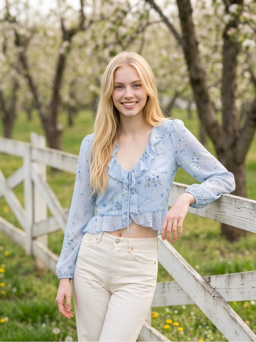 by & by Light Blue Floral Ruffle Tie-Front Crop Blouse